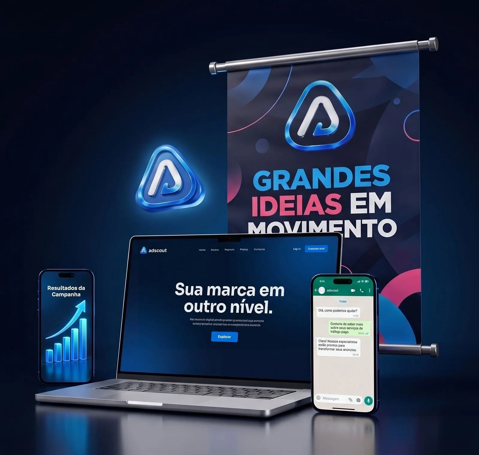 Notebook com um site, celular com conversa no WhatsApp, celular com gráfico de resultados de campanha e uma lona impressa com o logo da AdScout